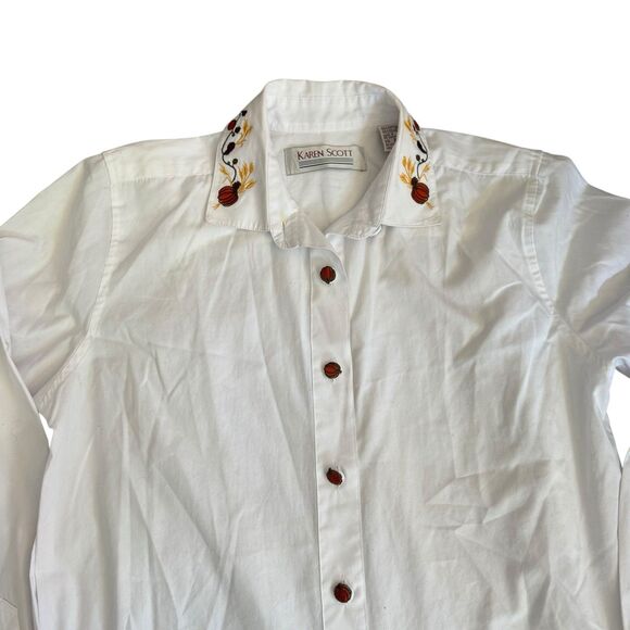 Vintage white button down with autumn embroidered trim Pumpkin Buttons Small‎ - Picture 2 of 16